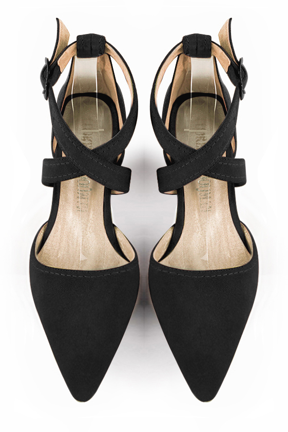 Matt black women's open side shoes, with crossed straps. Tapered toe. Low flare heels. Top view - Florence KOOIJMAN